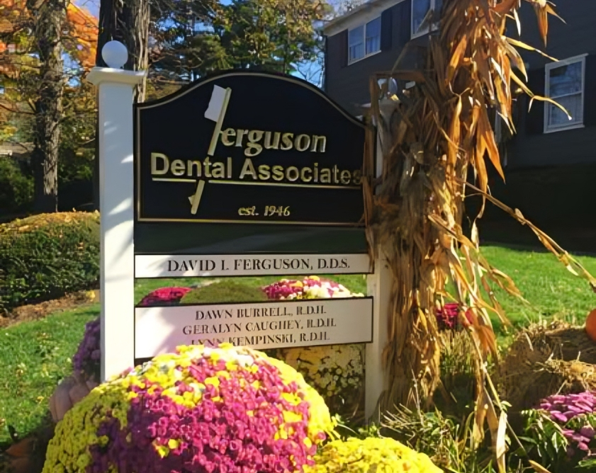 Ferguson Dental Associates professional sign with flowers and ivy on brick building entrance.