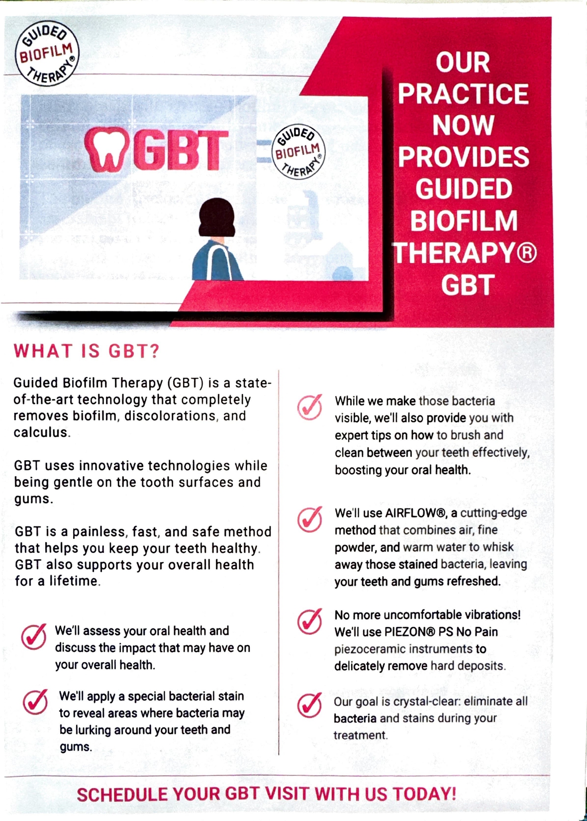 GBT guided biofilm therapy dental practice promotional flyer with service benefits and scheduling information.