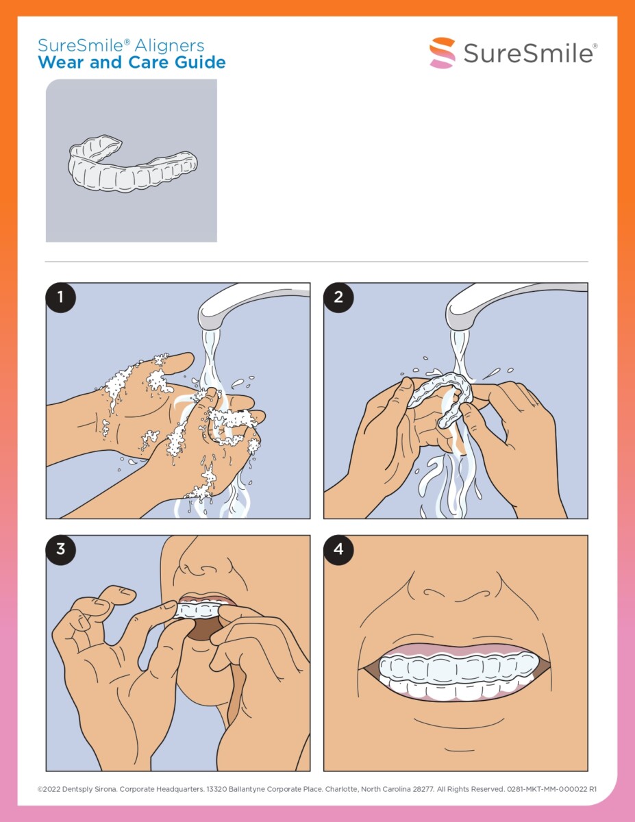 Step-by-step guide illustrating proper dental aligner wear and care instructions with hand demonstrations.
