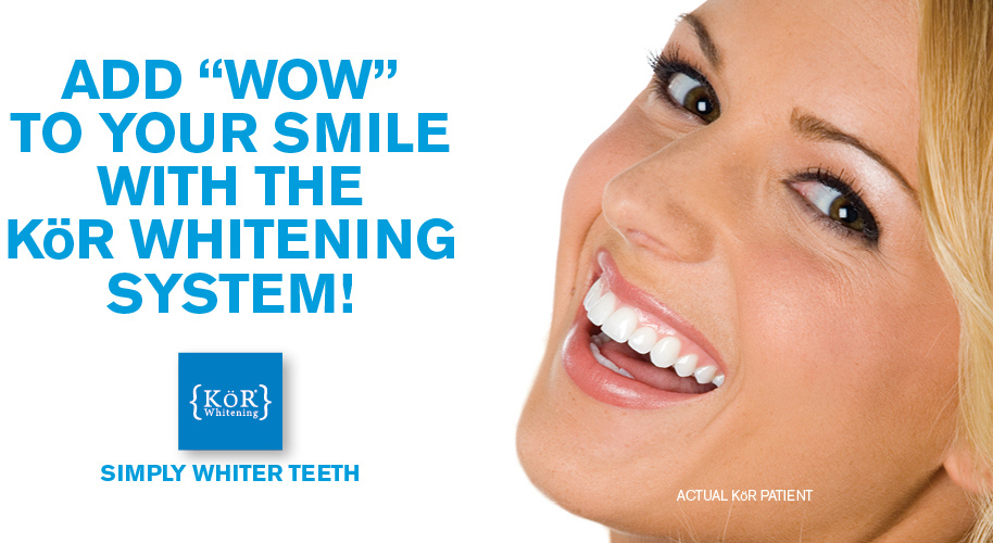 Woman smiling brightly displaying whitened teeth next to K8R whitening system product logo and text.