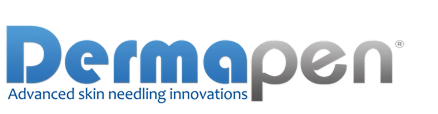Dermapen logo featuring blue and gray text with tagline "Advanced skin needling innovations"