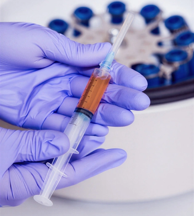 Gloved hand holding blood sample tube in medical laboratory setting with test plates.