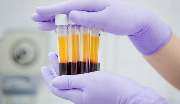 Gloved hand holding test tubes with blood samples in laboratory setting.