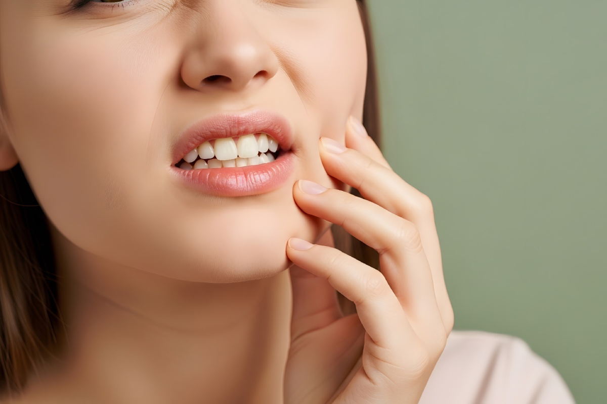 Close-up of a person wincing in pain while holding their left cheek, showing clenched teeth.
